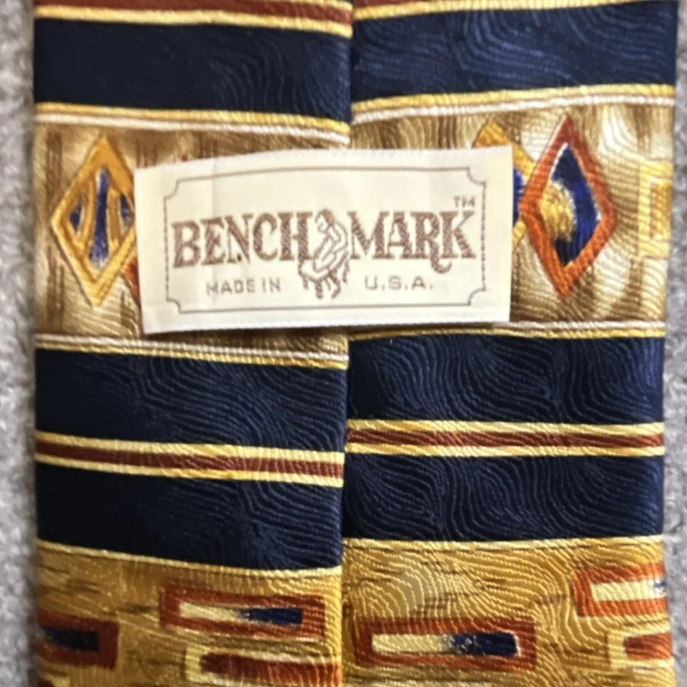 Benchmark 100% Silk Made In USA Gold, Navy Men's Classic Tie Colorful 58